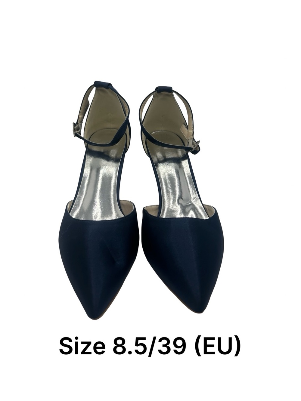 Women's Navy Satin Pointed-Toe Ankle Strap Heels - Picture 2 of 5